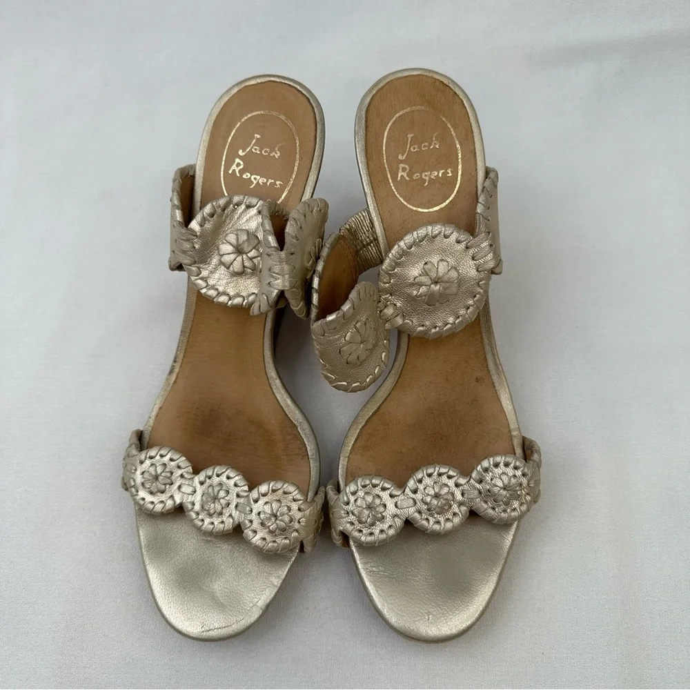 Jack Rogers Luccia Metallic Gold Leather Double Strap Wedge Sandals 8.5